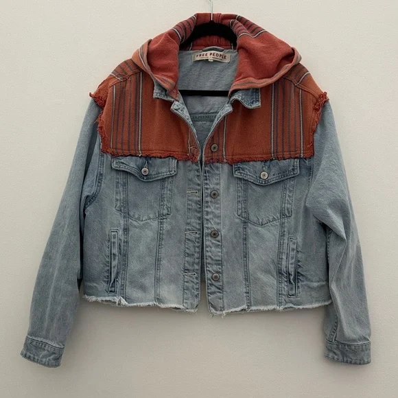 Free People Oversized Baja Mixed-Media Hooded Denim Jacket - Size Small - Picture 5 of 13
